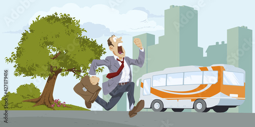 Man runs on city street. Businessman hurries to work. Illustration for internet and mobile website.