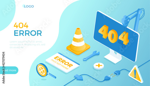 404 Error. Page not found. This page does not exist. Internet connection problem. Electric plug socket unplug disconnection. Isometric vector illustration for website.