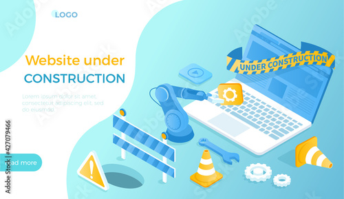 Website Under Construction. Updates changes and fixing on the site. Maintenance page or 404 error. Isometric vector illustration for website.