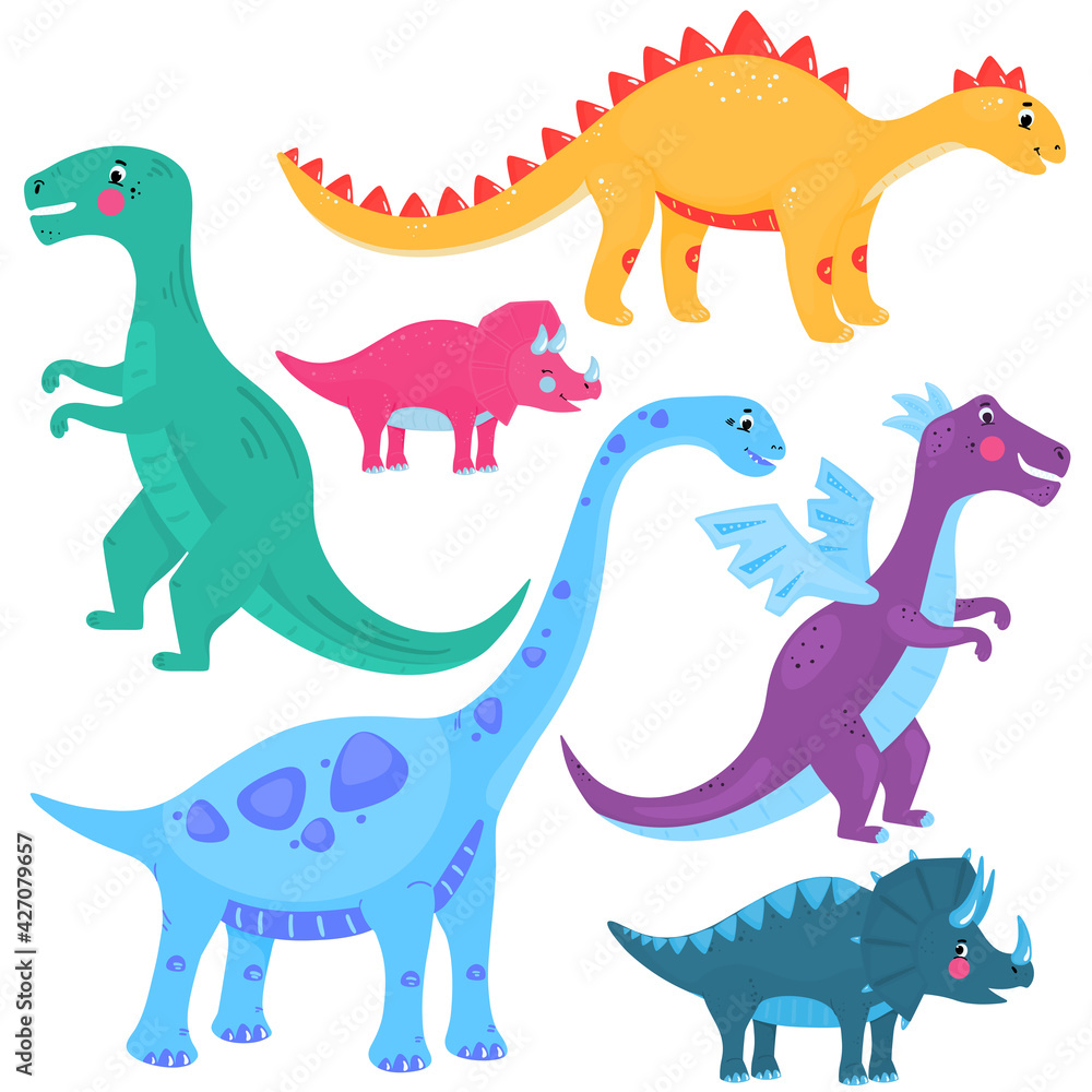 Funny dinosaurs. Dragon. A set of cartoon illustrations