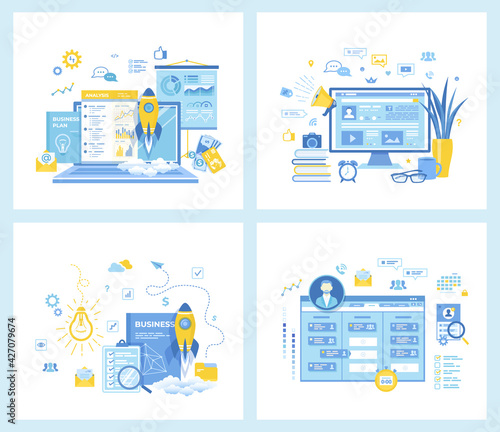 Set of  flat vector illustrations for  Project Startup, Financial planning, Idea, Strategy, Management, Realization, Success. Blogging Content strategy. Concept for websites.