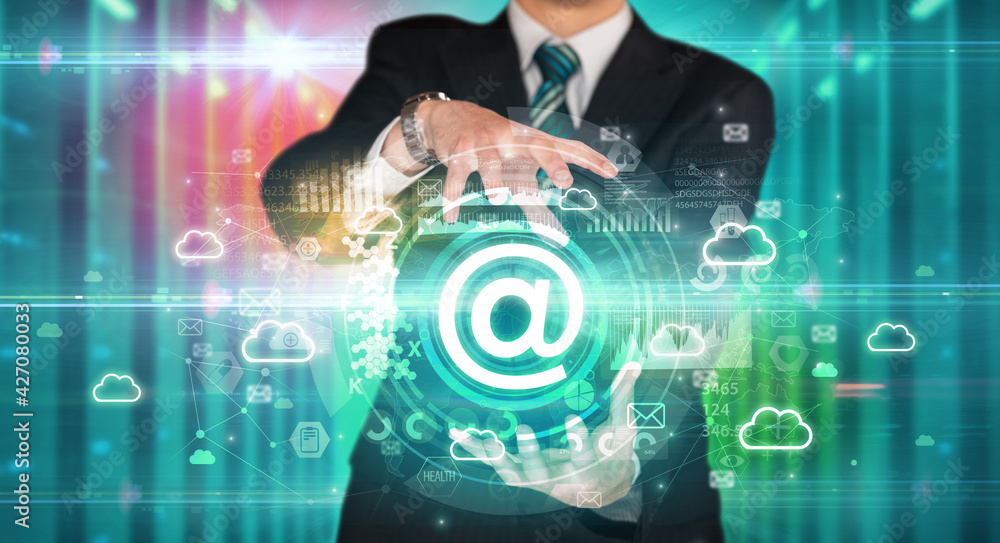 Businessman holding technology icon concept Businessman holding technology icon concept