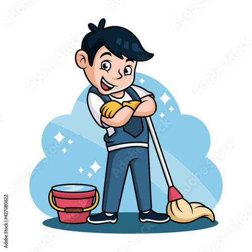 Cleaning Service Cartoon with Cute Pose. Vector Icon Illustration, Isolated on Premium Vector