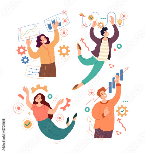People man woman character takiing paert of business workflow operations. Vector flat cartoon modern style abstract illustration set