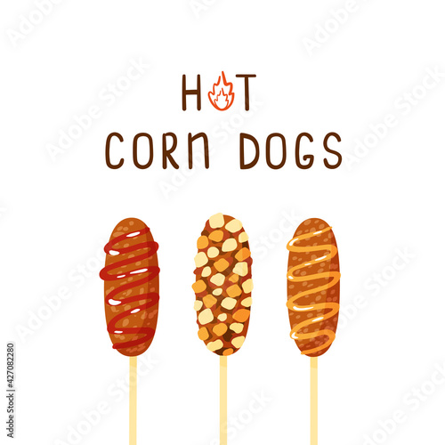 Traditional Korean street food - fried corn dog with ketchup and mustard. Hand-drawn cartoon style hot dogs with sausage and cheese, fried in bread crumbs. Set of vector illustrations with lettering