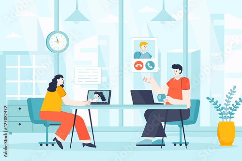 Video conference concept in flat design. Man and woman make video call scene. Couple communicating online. Colleagues videoconferencing. Vector illustration of people characters for landing page