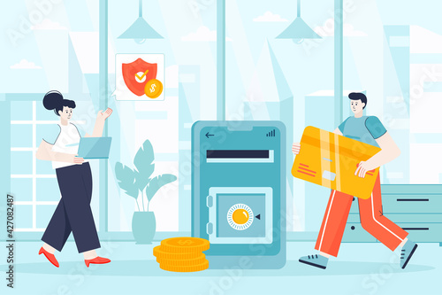 Online banking concept in flat design. Man and woman payment from mobile app scene. Couple make internet transaction, using bank services. Vector illustration of people characters for landing page