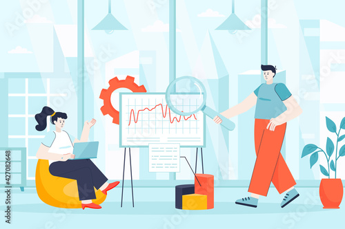 Big data analysis concept in flat design. Business analysts work in office scene. Teamwork on project, analysis of statistics and graphs. Vector illustration of people characters for landing page
