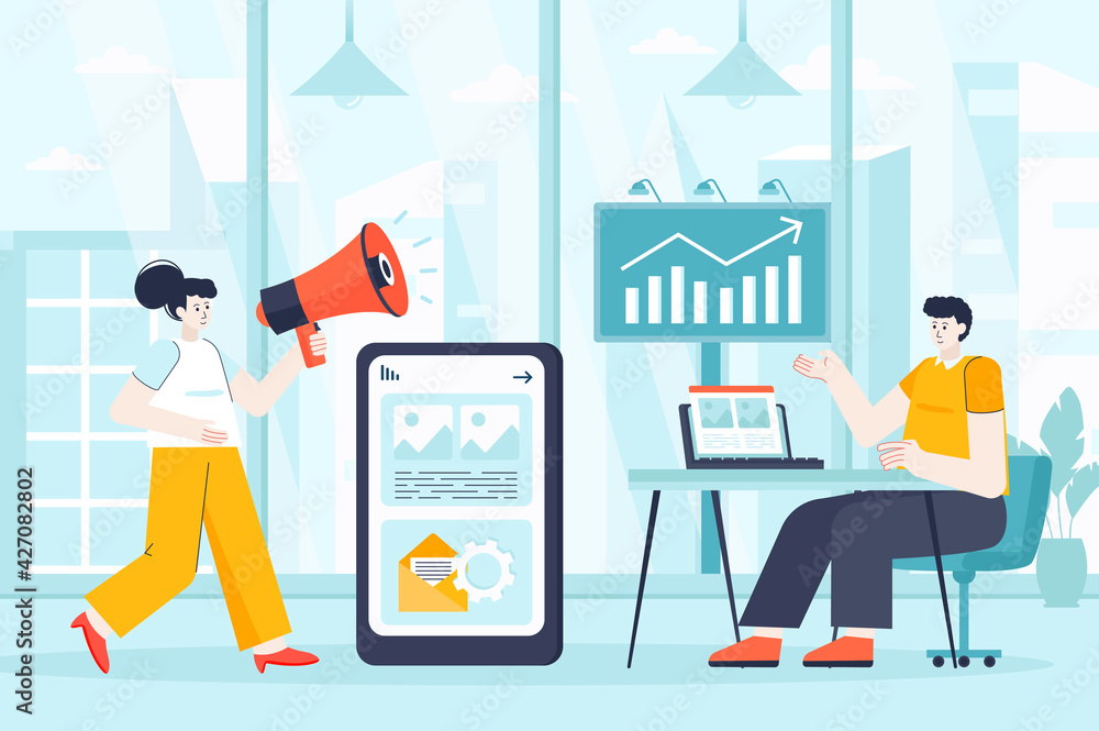 Outbound marketing concept in flat design. Colleagues work in office scene. Advertising, business promotion, communication with customers. Vector illustration of people characters for landing page Outbound marketing concept in flat design. Colleagues work in office scene. Advertising, business promotion, communication with customers. Vector illustration of people characters for landing page