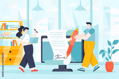 Electronic contract concept in flat design. Concluding deal, signing documents scene. Man and woman sign official paper at business meeting. Vector illustration of people characters for landing page