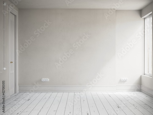 3D illustration empty white interior with white wood parquet