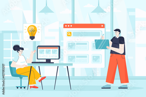Designers concept in flat design. Employees working at office scene. Man and woman creating new product, development interface or program. Vector illustration of people characters for landing page