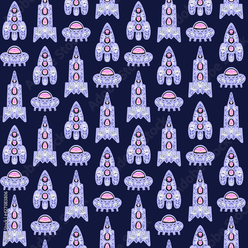 Seamless pattern with rockets in space. Lilac rockets with flowers, folkart. Suitable for children's textiles, wallpaper, gift wrapping, postcards. 