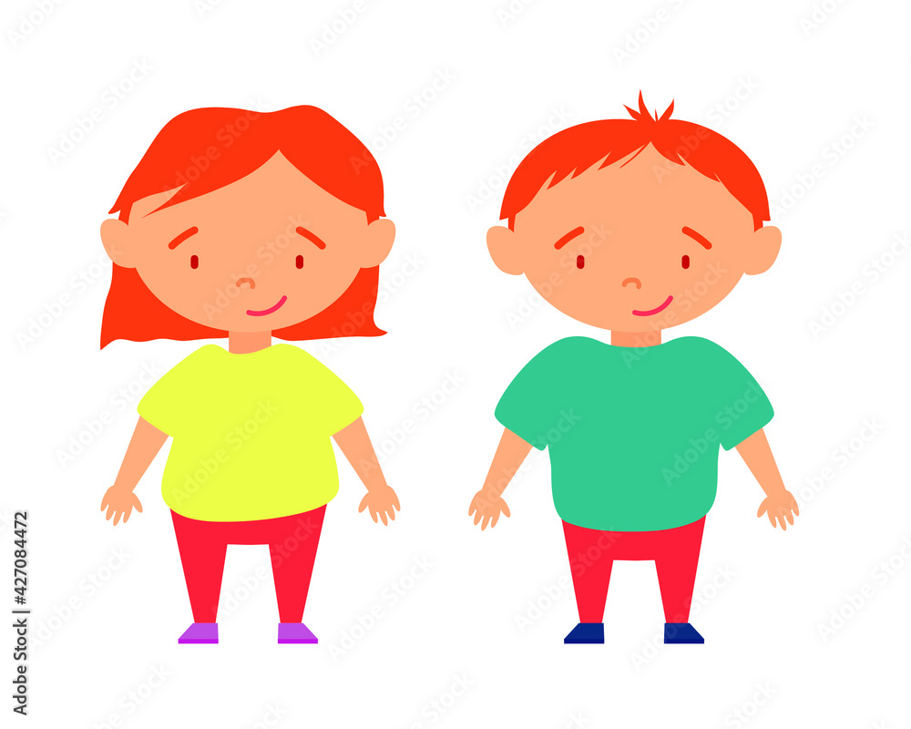 Cute vector characters in flat style. Happy kind children with a smile on a white background. Brother and sister. A boy and a girl in bright T-shirts with red hair and red pants. Cute vector characters in flat style. Happy kind children with a smile on a white background. Brother and sister. A boy and a girl in bright T-shirts with red hair and red pants.