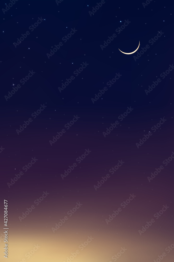 Night Sky with Crescent Moon and Star, Vertical Dramatic Dark Blue,purple and yellow Sky, Dusk Sky and Twilight,Vector religions symbolic of Islamic or Muslim for Ramadan Kareem, Eid Mubarak banner Night Sky with Crescent Moon and Star, Vertical Dramatic Dark Blue,purple and yellow Sky, Dusk Sky and Twilight,Vector religions symbolic of Islamic or Muslim for Ramadan Kareem, Eid Mubarak banner