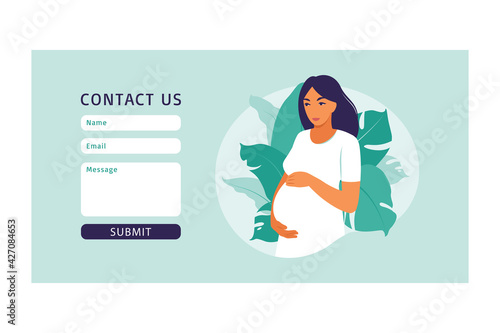 Contact us template for pregnant woman concept. Wellness and healthy lifestyle in pregnancy. Vector illustration. Flat