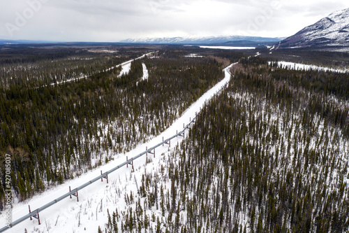 Aerial view of the Alyeska Pipeline near Willow Creek, Alaska during the winter. photo