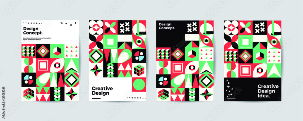 Colored neo geometric poster set. Modern grid flyer with geometric ...