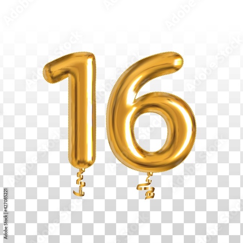 Vector realistic isolated golden balloon number of 16 for invitation decoration on the transparent background.