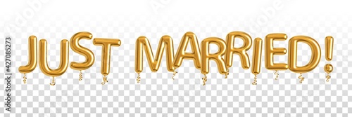 Vector realistic isolated golden balloon text of Just Married on the transparent background.