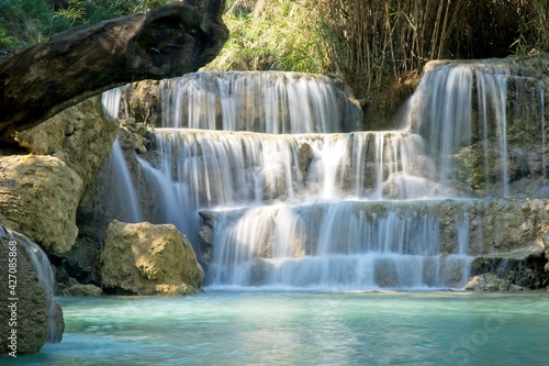 Beautiful slow motion blur of running water at Tat Kuang Si Waterfall  Luang Prabang  Laos.
