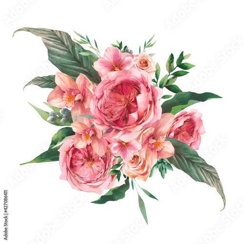 Watercolor bouquet of pink flowers. Hand painted botanical illustration with eucalyptus leaves  roses flowers  fern branches isolated on white background. Floral artwork