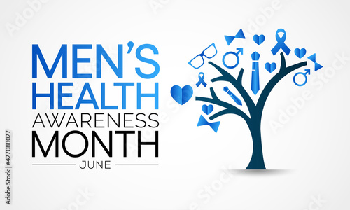 Men's health month is observed every year in June, it is used to raise awareness about health care for men and focus on encouraging boys to practice and implement healthy living decisions. Vector art.