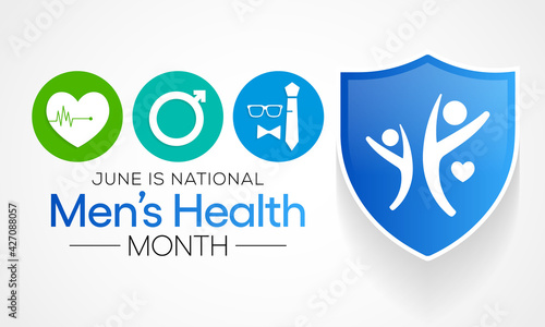 Men's health month is observed every year in June, it is used to raise awareness about health care for men and focus on encouraging boys to practice and implement healthy living decisions. Vector art.