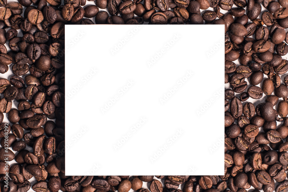 Mock up coffee beans on background with empty space label Mock up coffee beans on background with empty space label