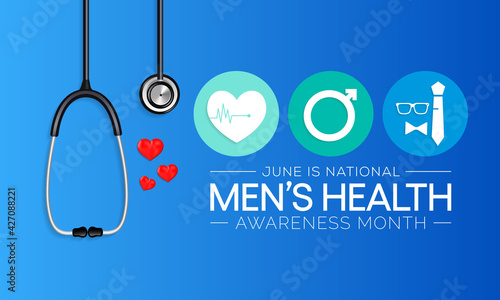Men's health month is observed every year in June, it is used to raise awareness about health care for men and focus on encouraging boys to practice and implement healthy living decisions. Vector art.