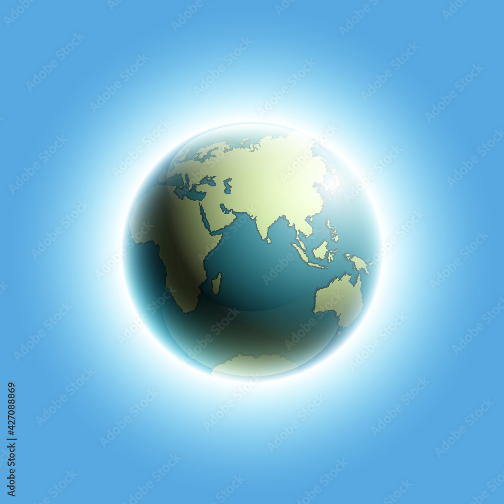 Naklejka premium World map rising sun. Solar eclipse globe icon, space sunlight. Planet Earth sunny glow background view from space. Continents world Sunshine picture. Colorful solar eclipse astro poster presentation