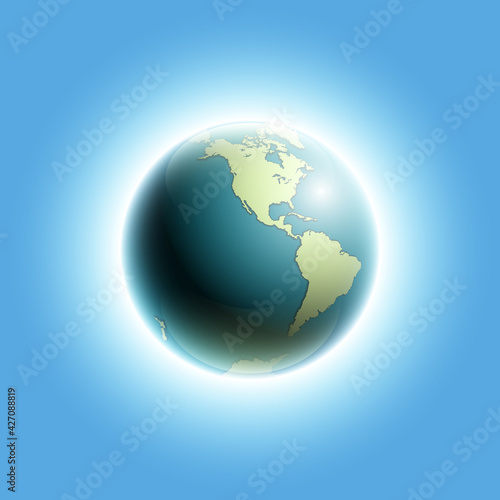 World map rising sun. Solar eclipse globe icon, space sunlight. Planet Earth sunny glow background view from space. Continents world Sunshine picture. Colorful solar eclipse astro poster presentation © volonoff