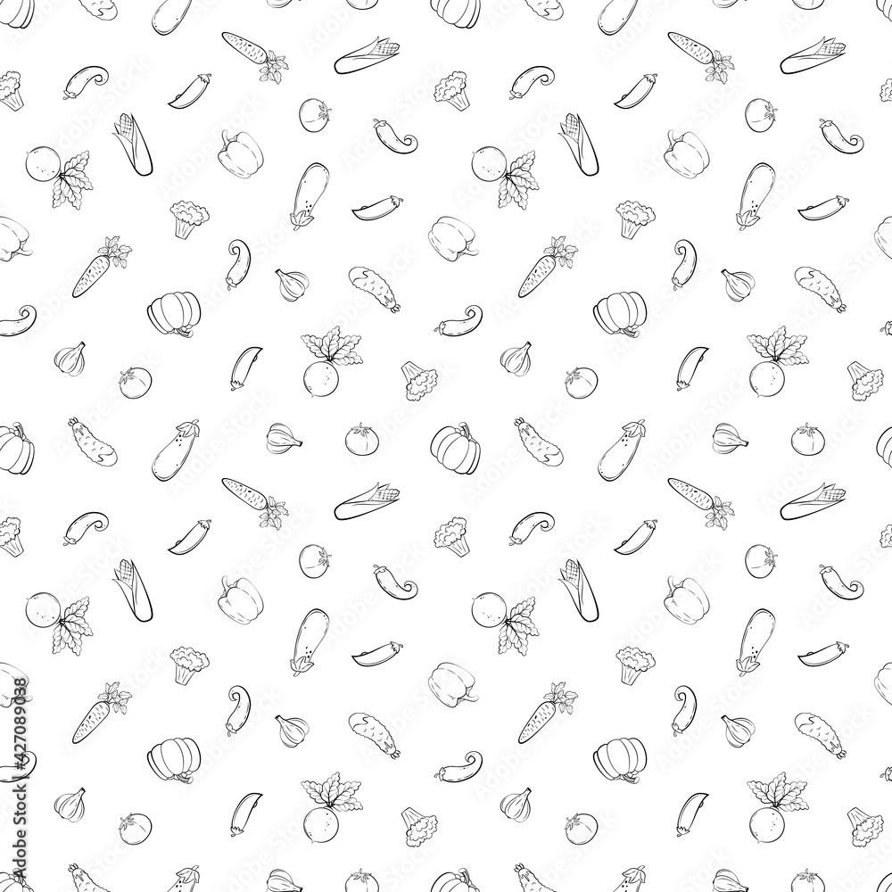 Hand drawn black and white vegetables seamless pattern in sketch cartoon style. Concept vector illustration for organic, bio, fresh food Hand drawn black and white vegetables seamless pattern in sketch cartoon style. Concept vector illustration for organic, bio, fresh food