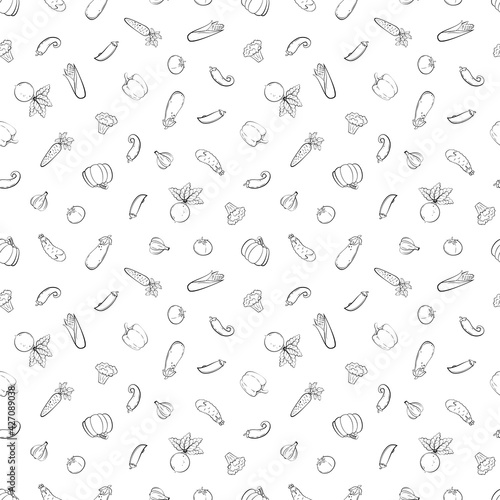 Hand drawn black and white vegetables seamless pattern in sketch cartoon style. Concept vector illustration for organic, bio, fresh food © OWLISKO DESIGN