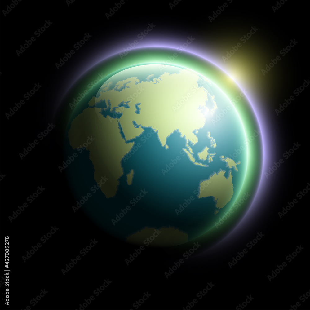 World map rising sun. Solar eclipse globe icon, space sunlight. Planet Earth sunny glow background view from space. Continents world Sunshine picture. Colorful solar eclipse astro poster presentation World map rising sun. Solar eclipse globe icon, space sunlight. Planet Earth sunny glow background view from space. Continents world Sunshine picture. Colorful solar eclipse astro poster presentation