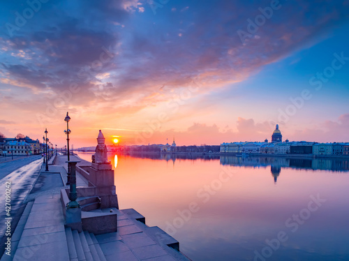 Canals of Saint Petersburg. River in Russia. Sunset over Neva. Neva embankment in St. Petersburg. Winter sunset in Saint Petersburg. Cities of Russia. City landscape in Russia. Panorama Russian city