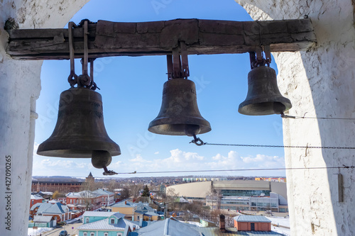 Bells in the temple of the Russian Orthodox Church. Bell tower of a Christian church