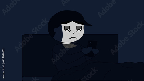 A cartoon of a young man sitting up in bed with only the light from his phone screen lighting up his face. He has a very tired expression on his face due to revenge bedtime procrastination.