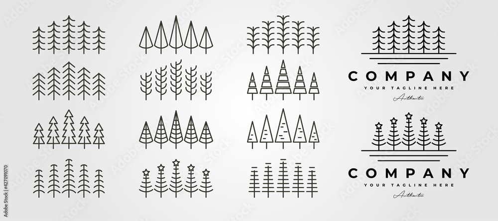 set of vector pines thin line icon logo symbol illustration design, collection of pine tree line art style - obrazy, fototapety, plakaty 