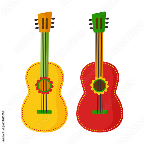 Cartoon guitar icon, musical instrument. Mexico decoration isolated on white background. Vector illustration