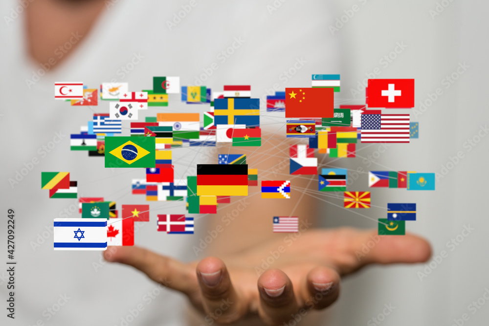 World map with all states and their flags World map with all states and their flags