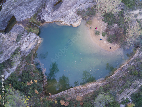 drone view of some natural pools in the rocks in Quesa, located in Valencia, Spain
