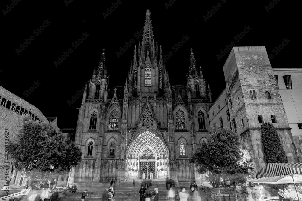 The Cathedral of the Holy Cross and Saint Eulalia, in Barcelona, Spain - black and white, long exposure