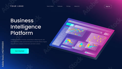 Business Intelligence Platform Landing Page Template with Gradient Background and Isometric 3d Vector Illustration glass effect