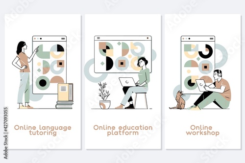 Flat design concept of online education, training and courses, learning, video tutorials.Distance web learning abstract concept vector illustration set.
