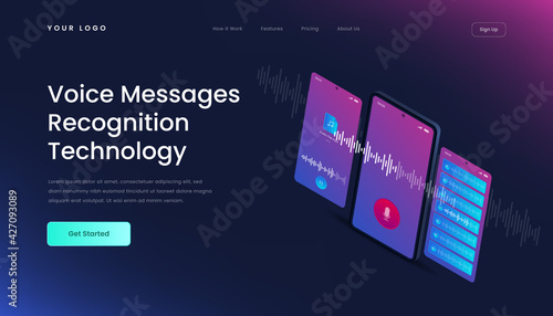 Template voice messages recognition landing page. Mobile application for recording sound, dictate messages and speech. Landing page with 3d isometric illustration gradient.