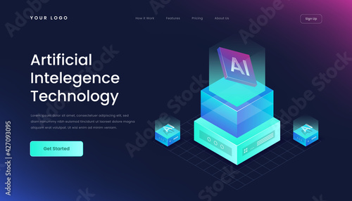 Template artificial intelligence landing page gradient 3d isometric vector illustration