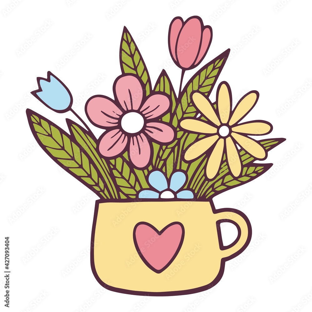 Tea cup with flower bouquet icon, hand drawn and outline style Tea cup with flower bouquet icon, hand drawn and outline style