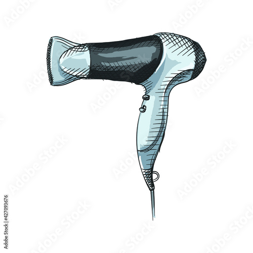 Watercolor Hand drawn sketch of hair dryer on a white background. Barber Shop Sketch. Hair stylie, barber accessories