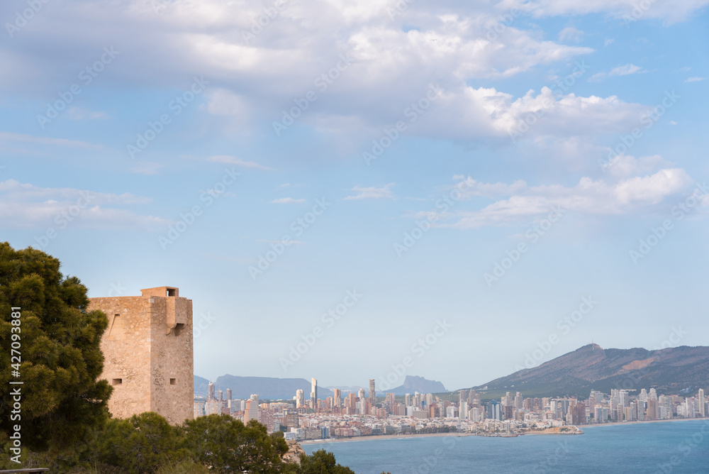 Panoramic view of Benidorm, the park of Sierra Helada and the Peñón de Ifach and tower of Aguiló.
